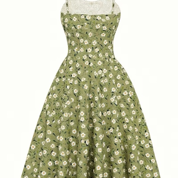 🐣Spring In🐣Vintage 50’s Vibe Green Floral Dress - Picture 2 of 6